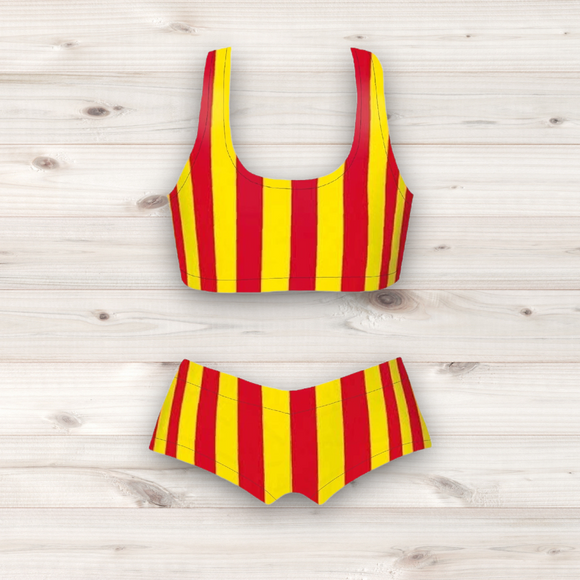 Women's Wrestling Crop Top and Booty Shorts Set - Red and Yellow Stripe Print