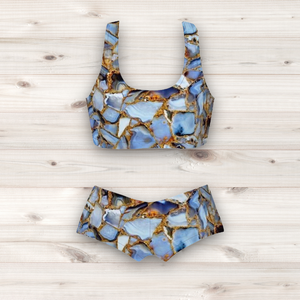 Women's Wrestling Crop Top and Booty Shorts Set - Blue Garnet Print