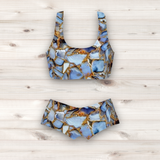 Women's Wrestling Crop Top and Booty Shorts Set - Blue Garnet Print