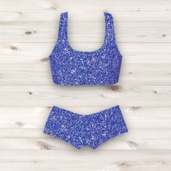 Women's Wrestling Crop Top and Booty Shorts Set - Blue Glitter Print