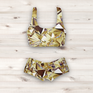 Women's Wrestling Crop Top and Booty Shorts Set - Gold Crystal Print