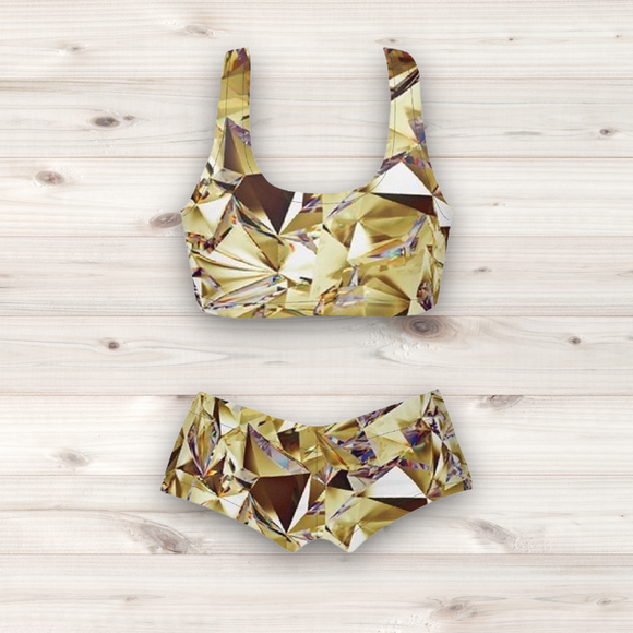 Women's Wrestling Crop Top and Booty Shorts Set - Gold Crystal Print