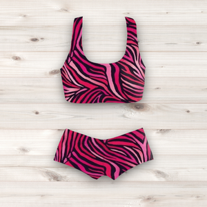 Women's Wrestling Crop Top and Booty Shorts Set - Pink Zebra Print