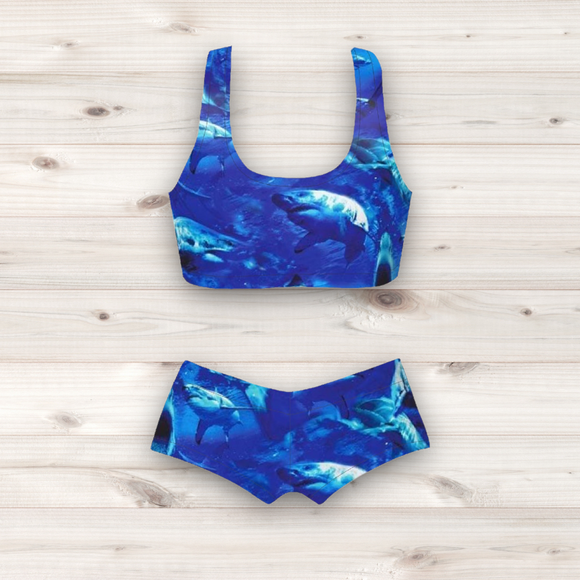 Women's Wrestling Crop Top and Booty Shorts Set - Shark Print