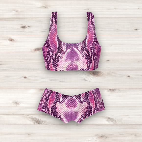 Women's Wrestling Crop Top and Booty Shorts Set - Pink and White Reptile Skin Print