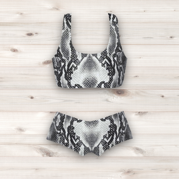 Women's Wrestling Crop Top and Booty Shorts Set - Grey Reptile Skin Print