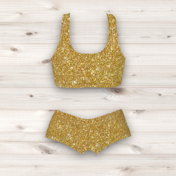 Women's Wrestling Crop Top and Booty Shorts Set - Gold Glitter Print
