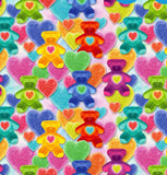 a multicolored pattern of teddy bears and hearts