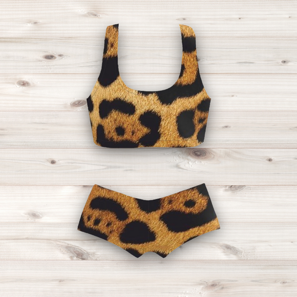 Women's Wrestling Crop Top and Booty Shorts Set - Natural Leopard Spot Print