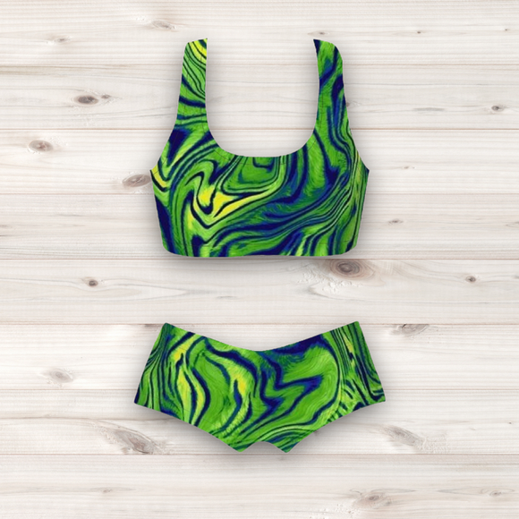 Women's Wrestling Crop Top and Booty Shorts Set - Green Tiger Swirl Print