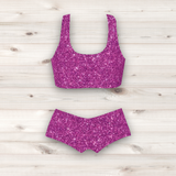 Women's Wrestling Crop Top and Booty Shorts Set - Purple Glitter Print