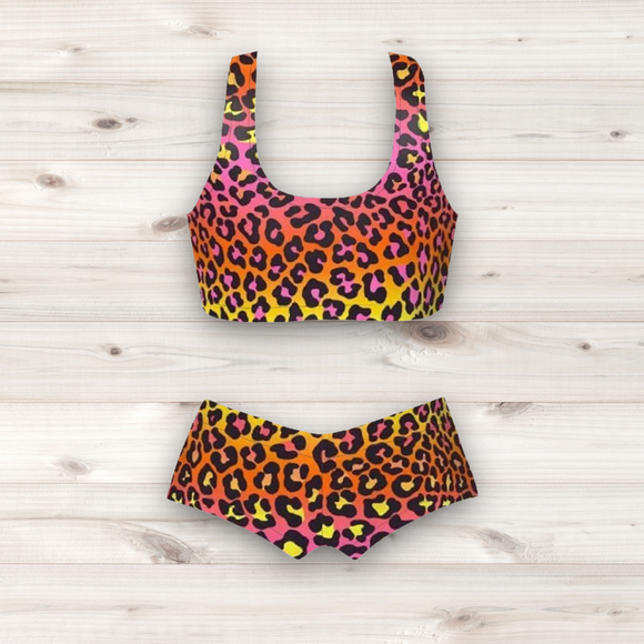 Women's Wrestling Crop Top and Booty Shorts Set - Orange and Yellow Ombre Animal Print