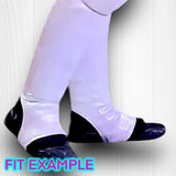 a person wearing white socks and black shoes