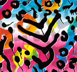 an abstract painting of a person in the middle of a multicolored background