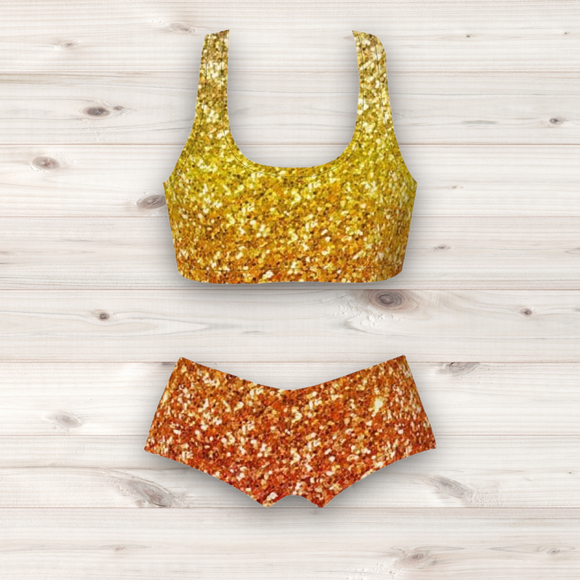Women's Wrestling Crop Top and Booty Shorts Set -  Yellow Ombre Glitter Print