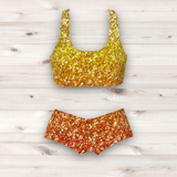 Women's Wrestling Crop Top and Booty Shorts Set -  Yellow Ombre Glitter Print