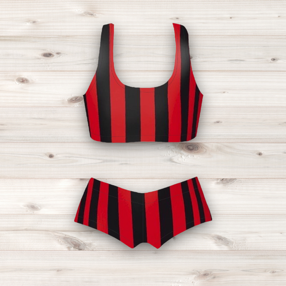 Women's Wrestling Crop Top and Booty Shorts Set - Red and Black Stripe Print