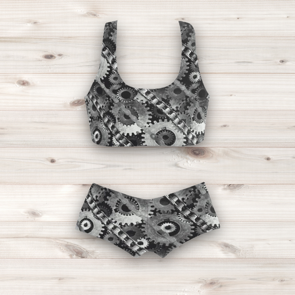 Women's Wrestling Crop Top and Booty Shorts Set - Cogs Print