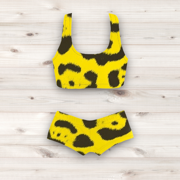 Women's Wrestling Crop Top and Booty Shorts Set - Yellow Leopard Spot Print