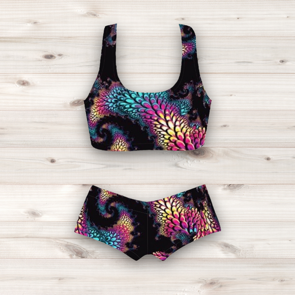 Women's Wrestling Crop Top and Booty Shorts Set - Black Ecliptic Print