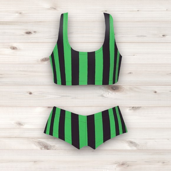 Women's Wrestling Crop Top and Booty Shorts Set - Green and Black Stripe Print
