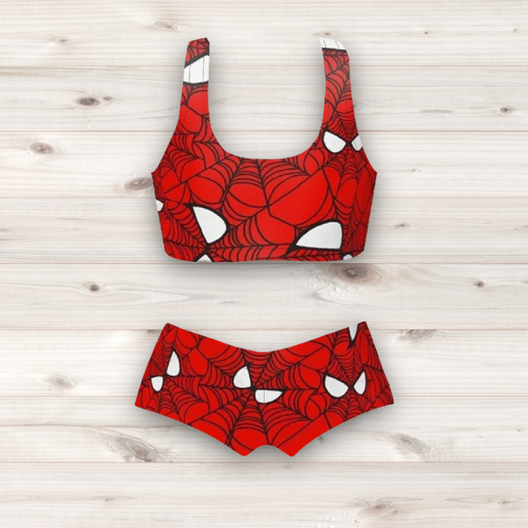 Women's Wrestling Crop Top and Booty Shorts Set - Spidey Print