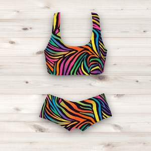 Women's Wrestling Crop Top and Booty Shorts Set - Rainbow Zebra Print