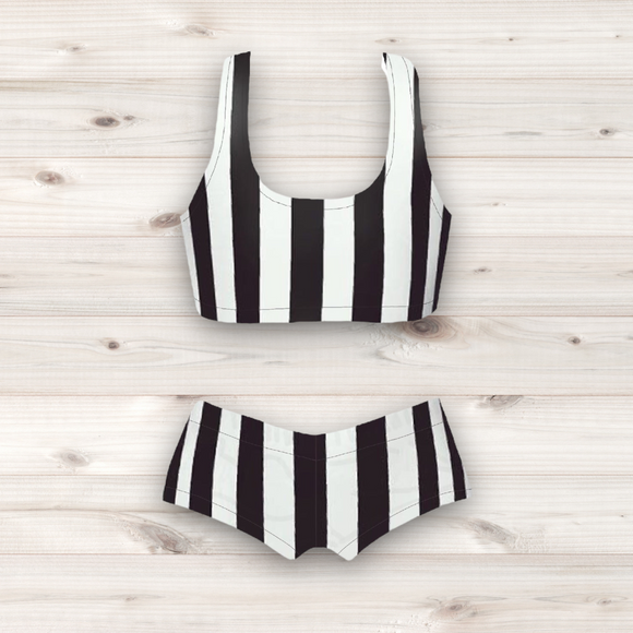 Women's Wrestling Crop Top and Booty Shorts Set - Black and White Stripe Print