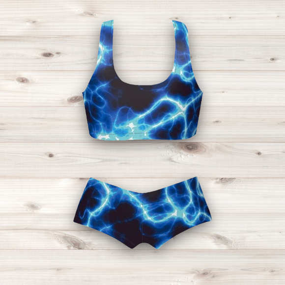 Women's Wrestling Crop Top and Booty Shorts Set - Blue Lightning Print