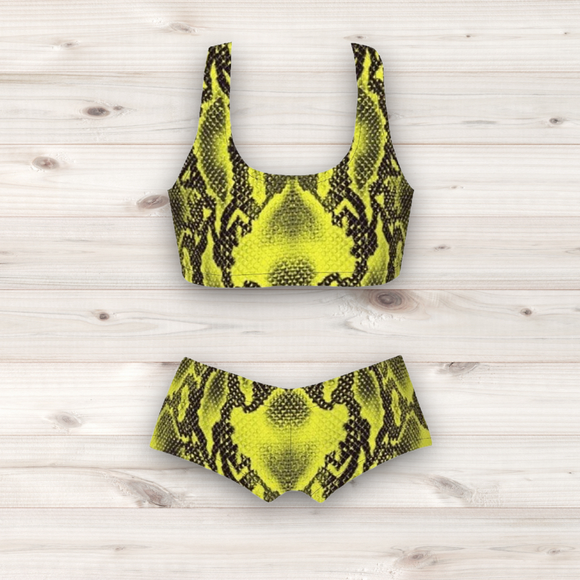Women's Wrestling Crop Top and Booty Shorts Set - Yellow Reptile Skin Print