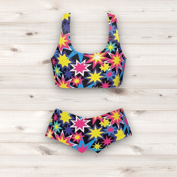 Women's Wrestling Crop Top and Booty Shorts Set - Starburst Print