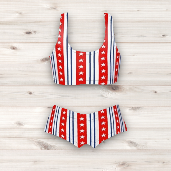 Women's Wrestling Crop Top and Booty Shorts Set - Stars and Stripes Print