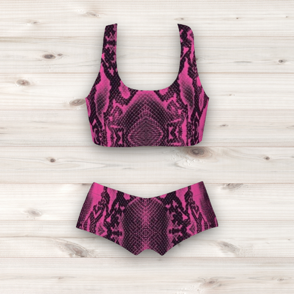 Women's Wrestling Crop Top and Booty Shorts Set - Pink Reptile Skin Print