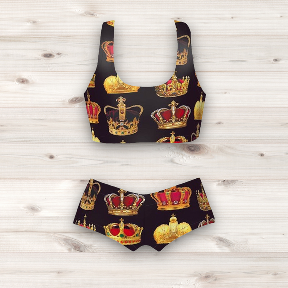 Women's Wrestling Crop Top and Booty Shorts Set - Crowns Print