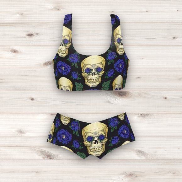 Women's Wrestling Crop Top and Booty Shorts Set - Flower Skulls Print