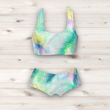 Women's Wrestling Crop Top and Booty Shorts Set - Green Milky Way Print