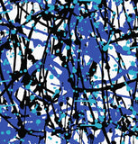 a blue and black abstract painting on a white background