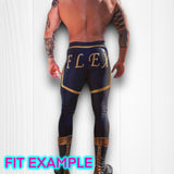 a man with a tattoo on his back wearing a pair of leggings
