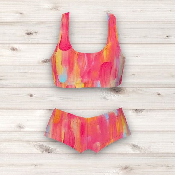 Women's Wrestling Crop Top and Booty Shorts Set - Coral Brushstroke Print