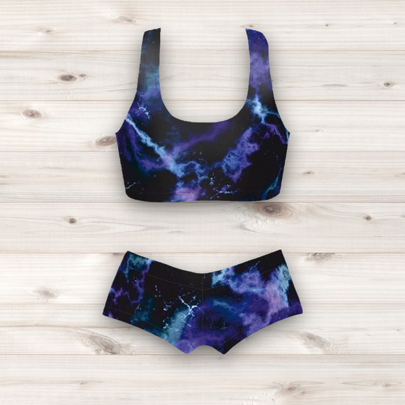 Women's Wrestling Crop Top and Booty Shorts Set - Blue Marble Lightning Print