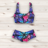 Women's Wrestling Crop Top and Booty Shorts Set - Blue Aurora Print