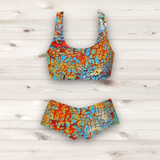 Women's Wrestling Crop Top and Booty Shorts Set - Blue Crackle Print