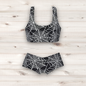 Women's Wrestling Crop Top and Booty Shorts Set - Spiderweb Print