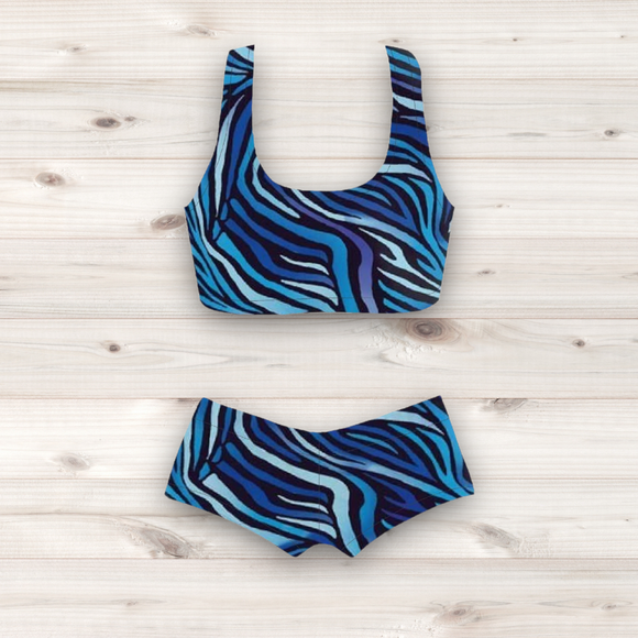 Women's Wrestling Crop Top and Booty Shorts Set - Blue Zebra Print