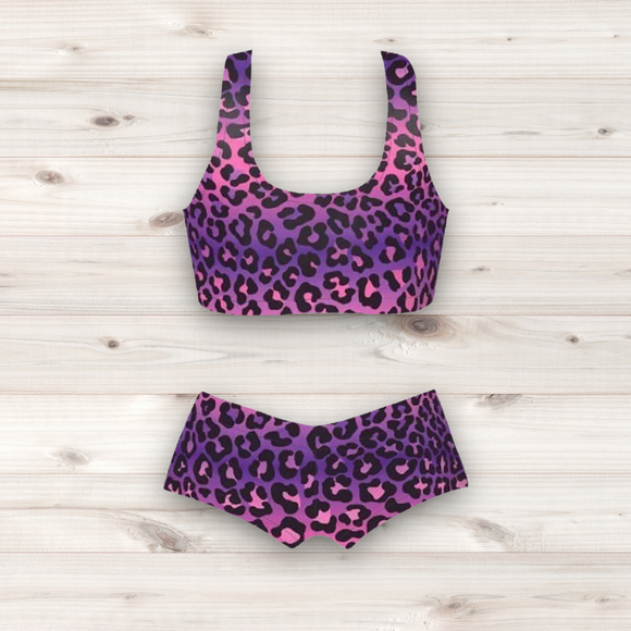 Women's Wrestling Crop Top and Booty Shorts Set - Pink and Purple Ombre Animal Print