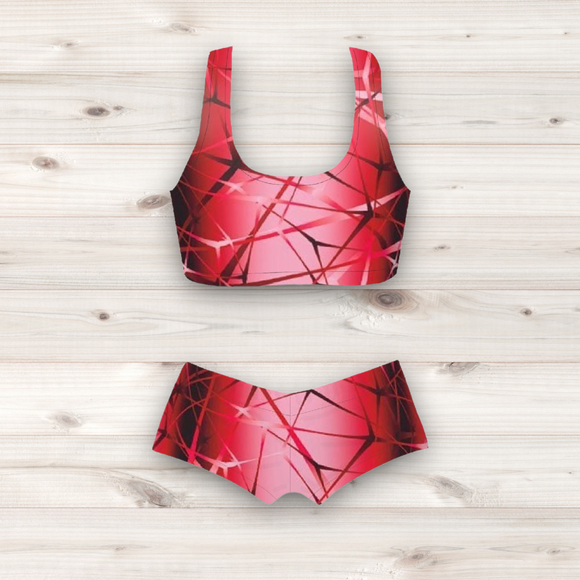 Women's Wrestling Crop Top and Booty Shorts Set - Red Neurons Print