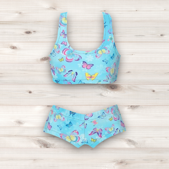 Women's Wrestling Crop Top and Booty Shorts Set - Blue Butterfly Print