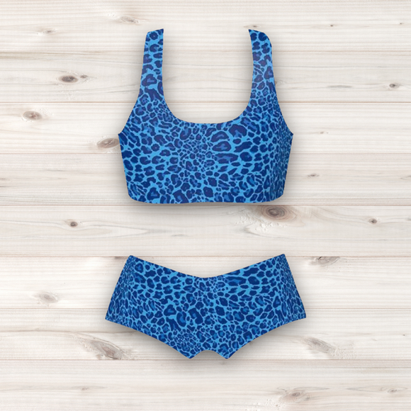 Women's Wrestling Crop Top and Booty Shorts Set - Blue Cheetah Print