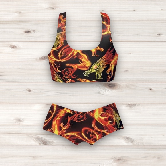 Women's Wrestling Crop Top and Booty Shorts Set - Firestarter Print