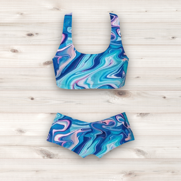 Women's Wrestling Crop Top and Booty Shorts Set - Blue Marble Print
